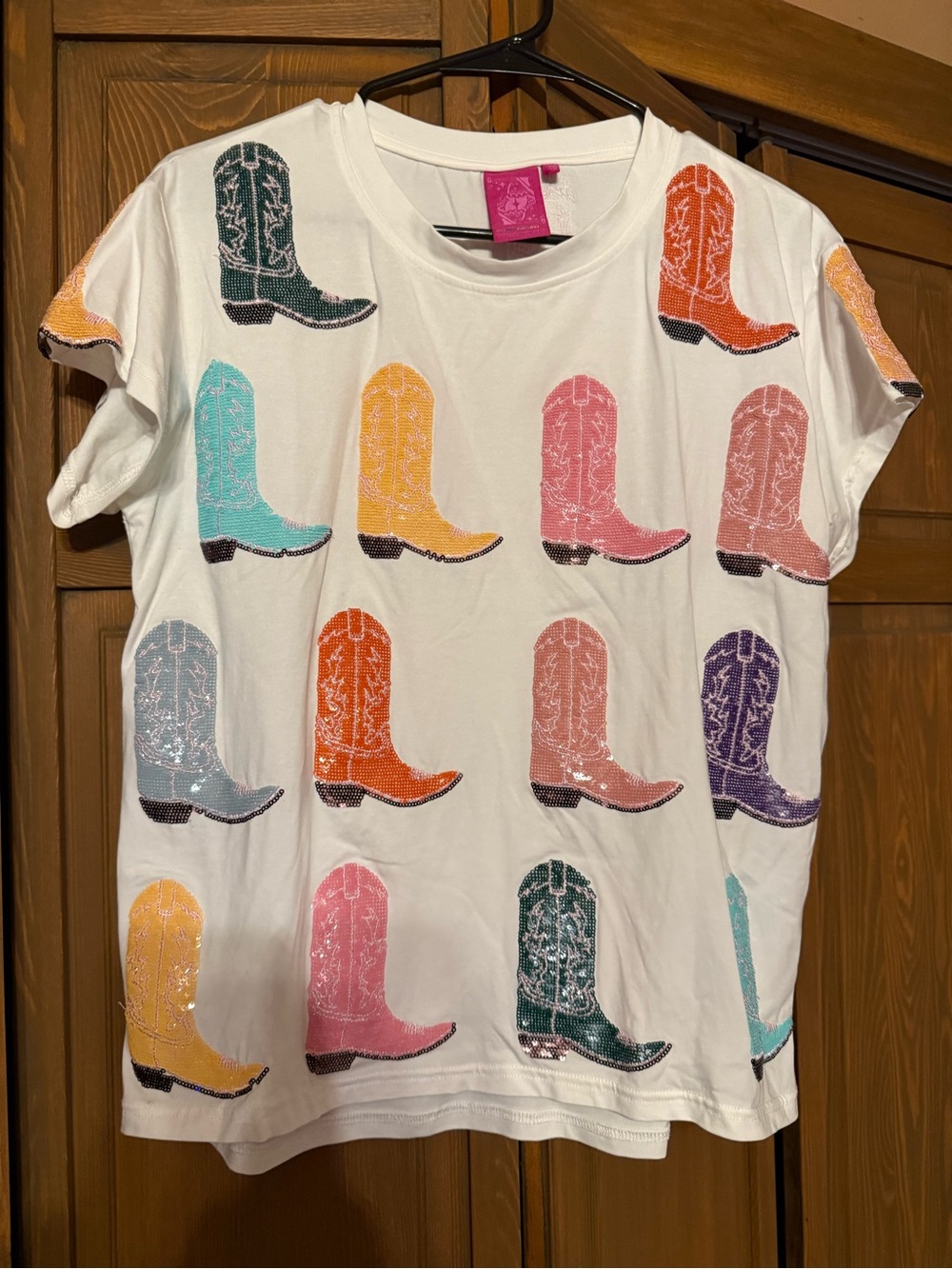 Sequin Cowboy Boot Graphic Tee Western Statement T-Shirt - Picture 3 of 4